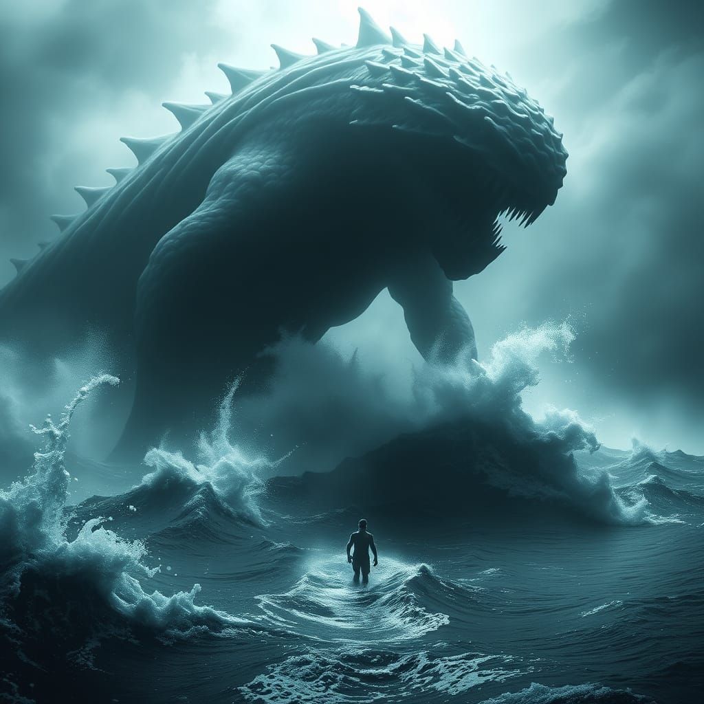 Gigantic Ghostly Sea Monster Towers Over Ocean in Hyperreali...