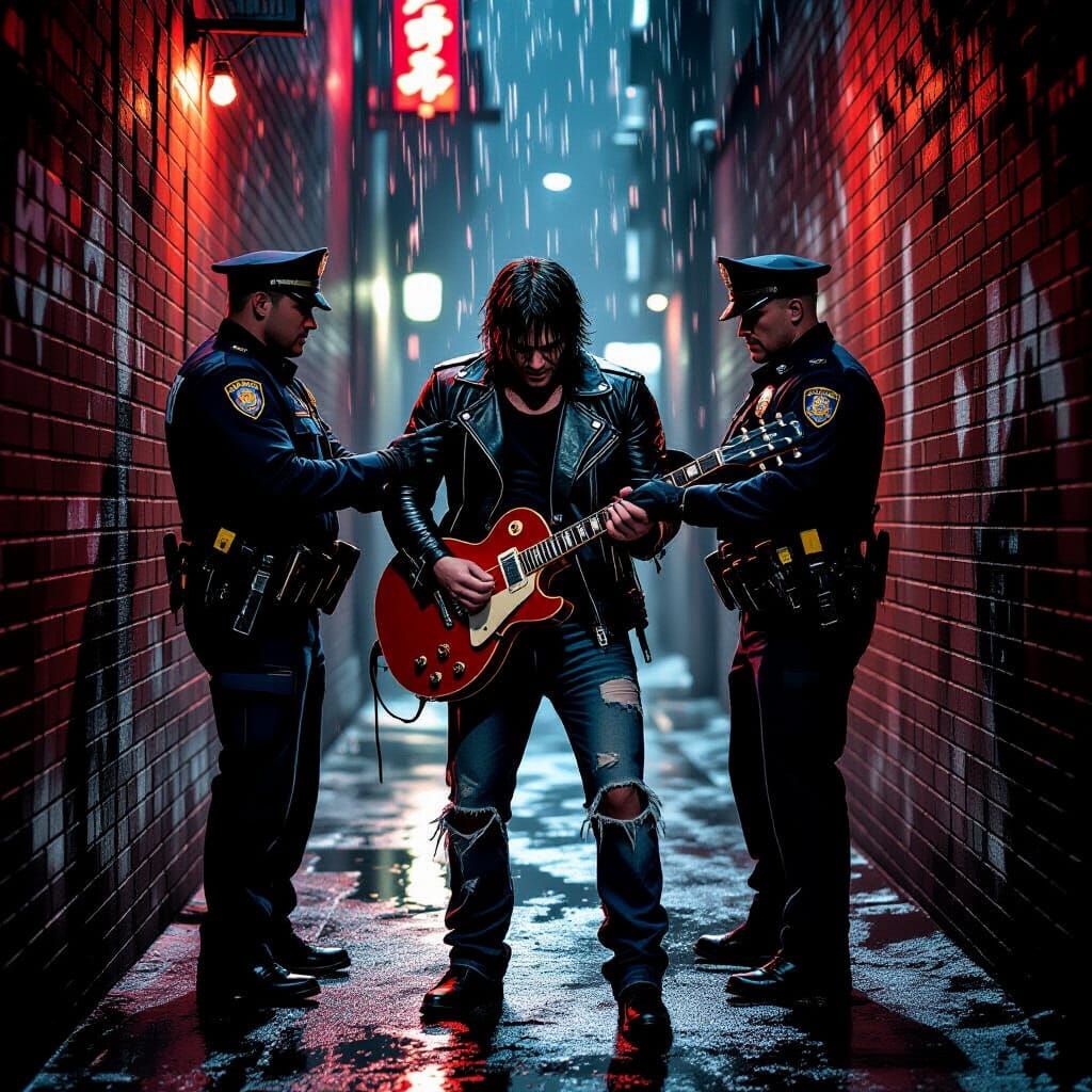 Rock Guitarist Arrested in Gritty Noir Alleyway