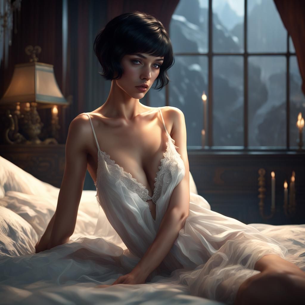 Woman in White Negligee: Detailed Matte Painting