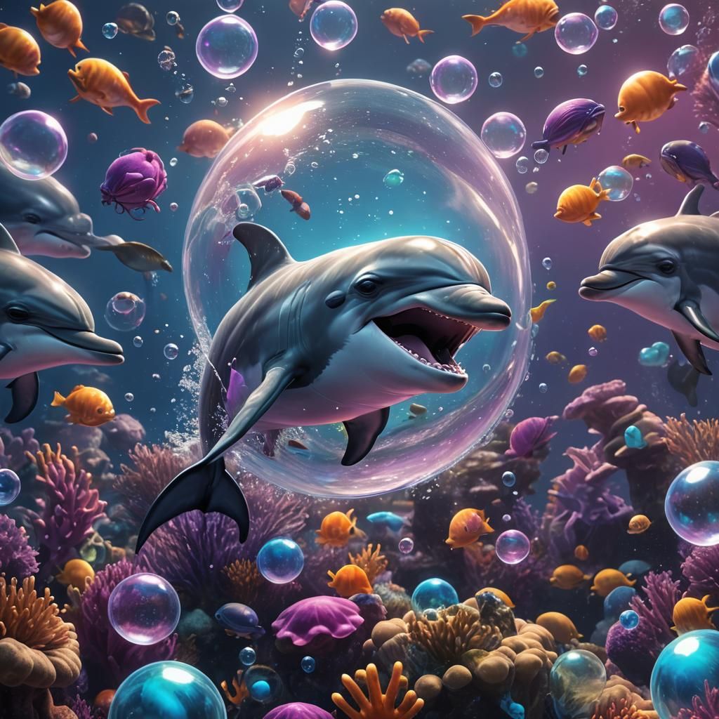 Playful Dolphin's Underwater Fart Bubble in Stylized Art
