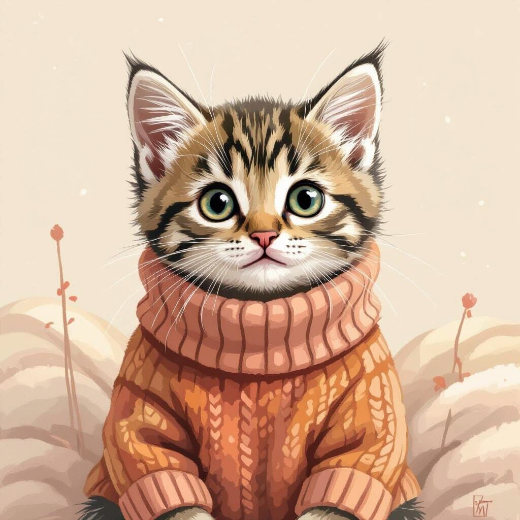 Adorable Kitten in Sweater, Beatrix Potter Style