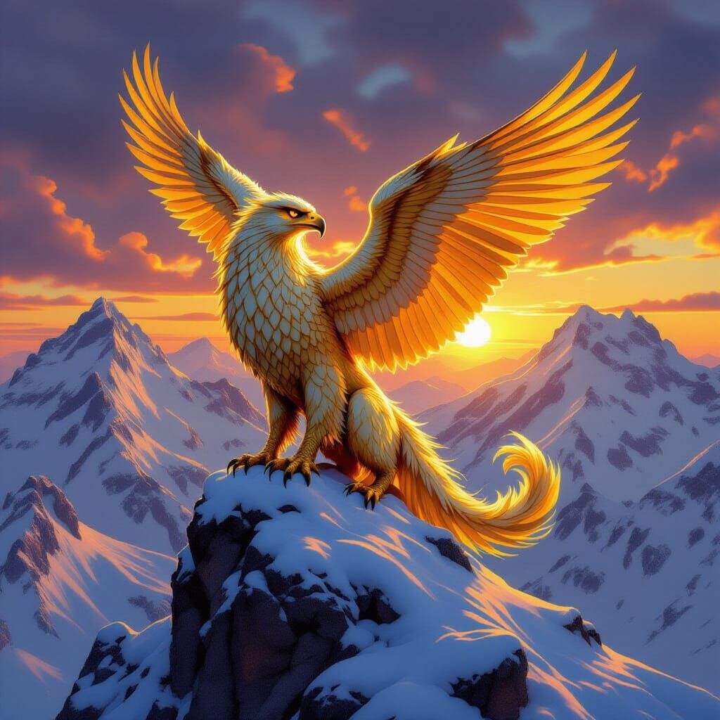 Golden Griffin Perched Atop Snowy Peak