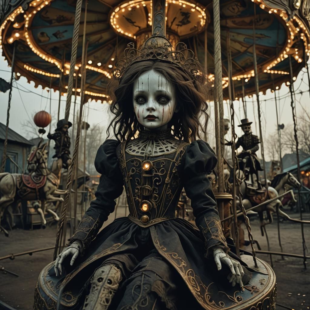 Creepy Doll on Overgrown Carousel in Gothic Surrealism