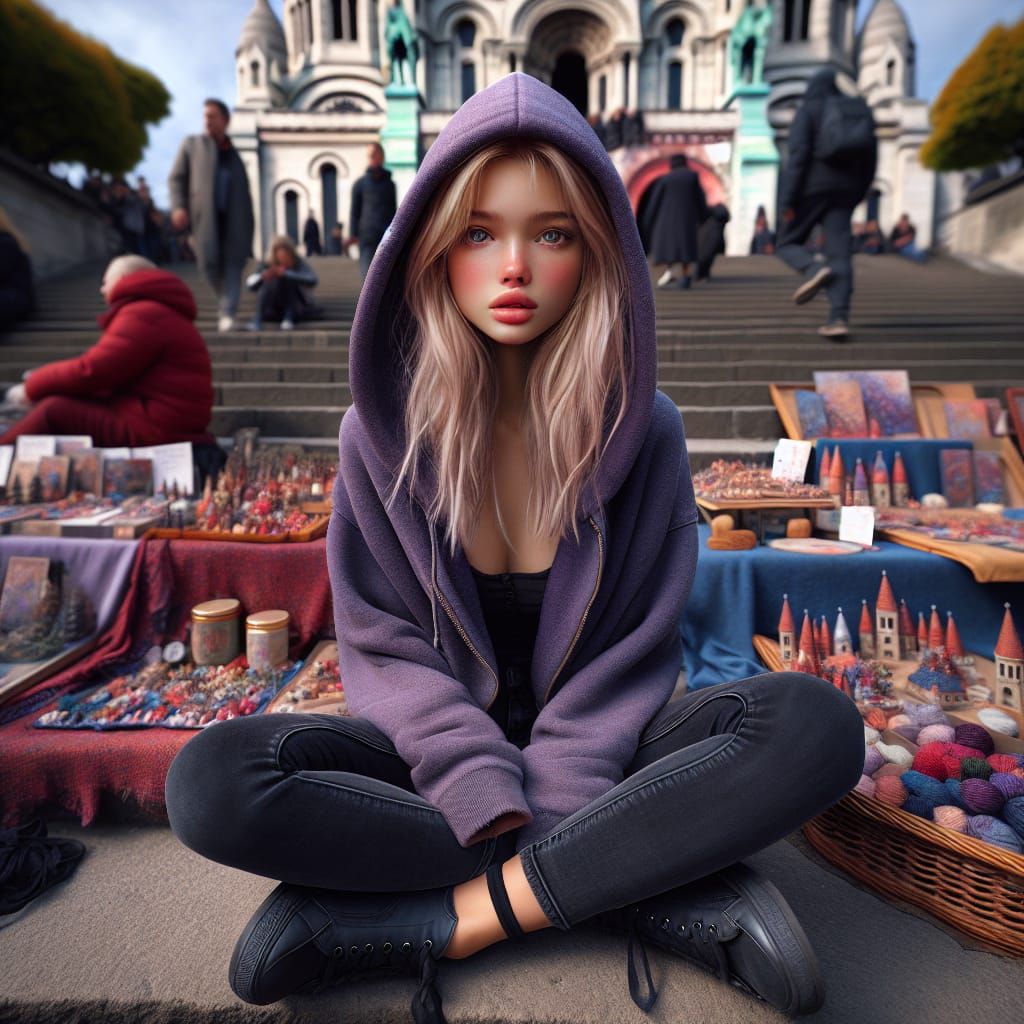 Blonde Woman Selling Gifts at Sacre-Coeur as Matte Painting