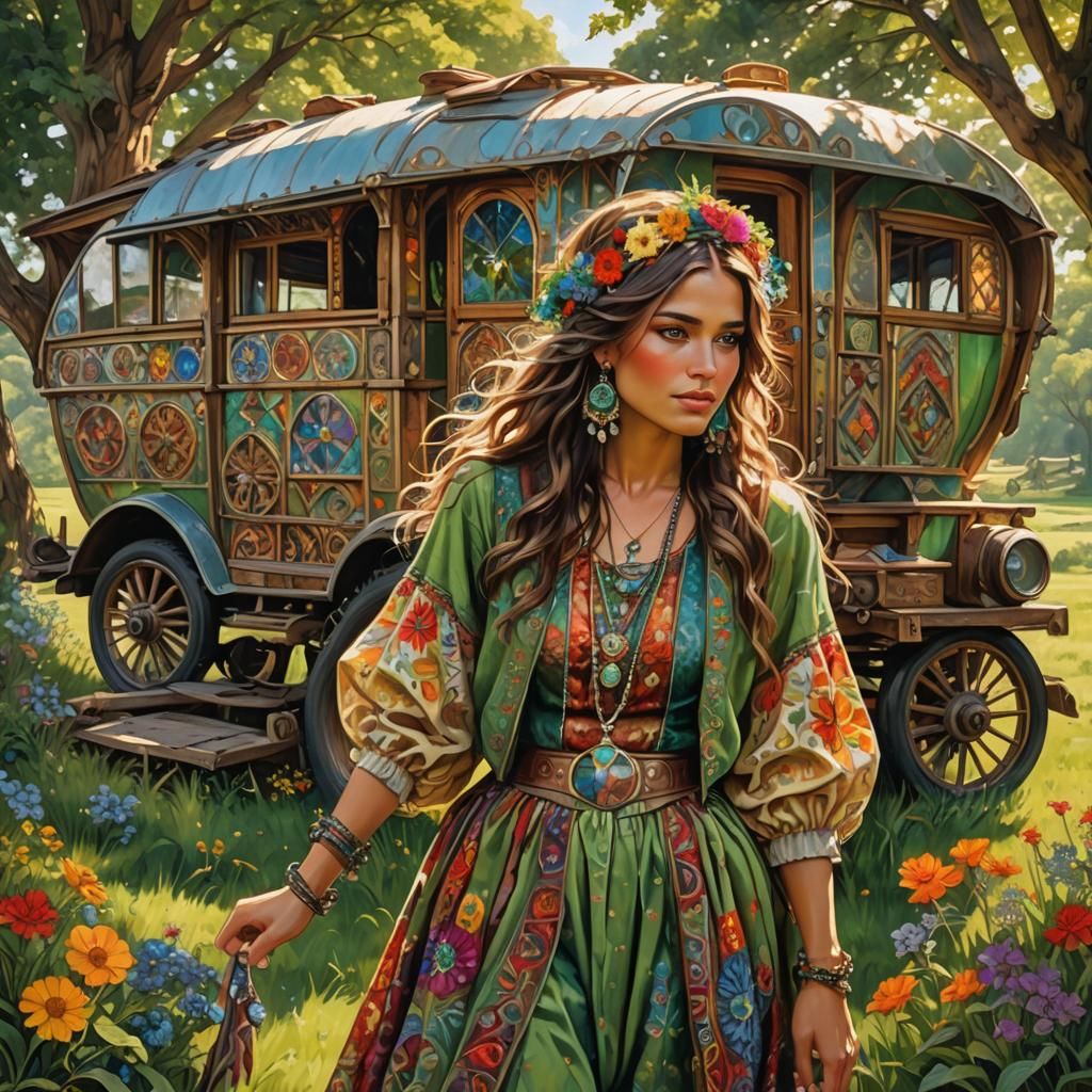 Gypsy Girl and Caravan in Lush Meadow: Oil Painting