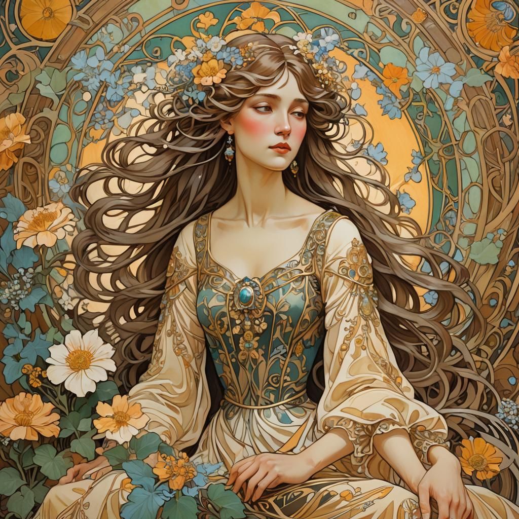 Art Nouveau Woman in a Blooming Garden