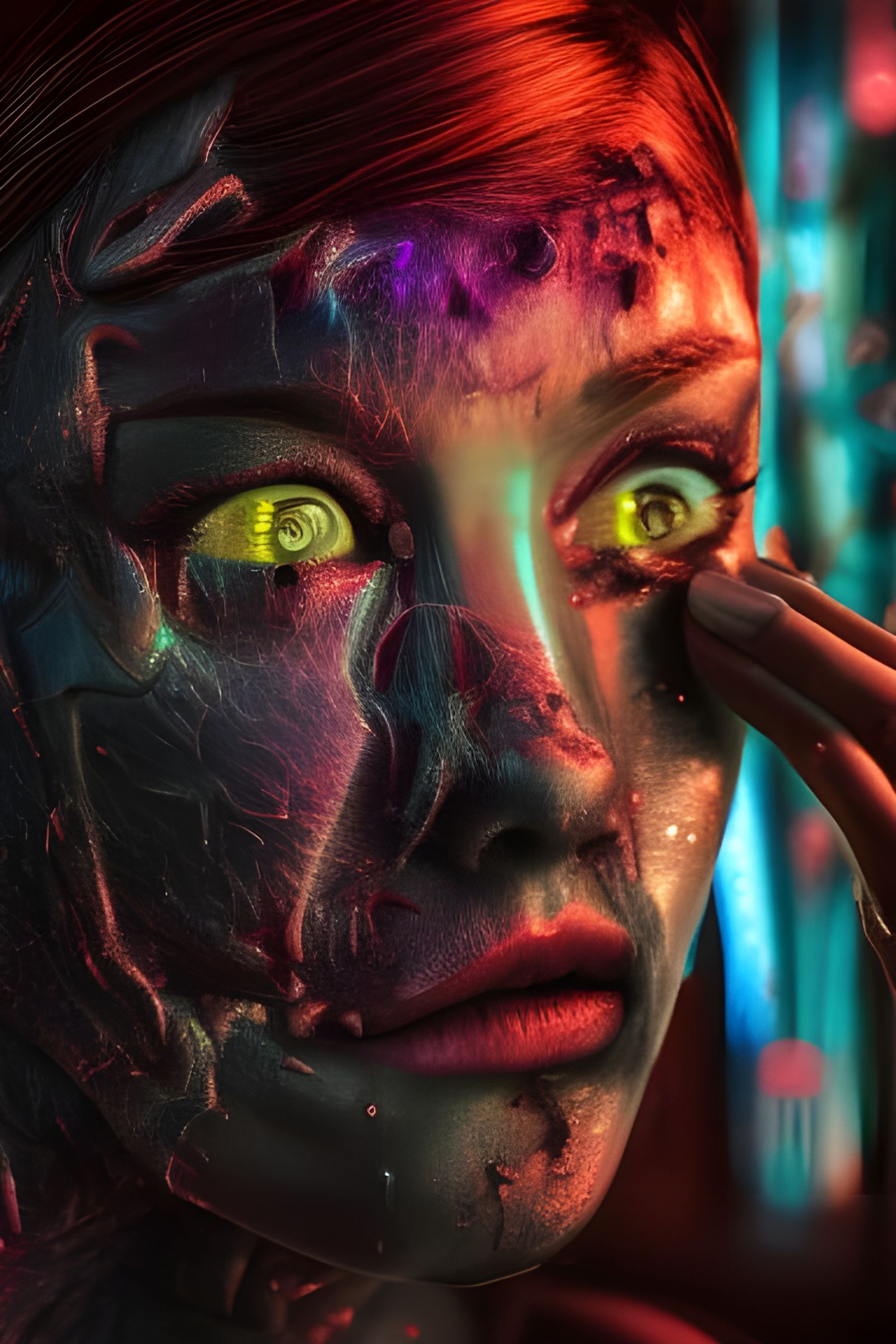 Detailed Woman Drinking in a Futuristic Horror Style
