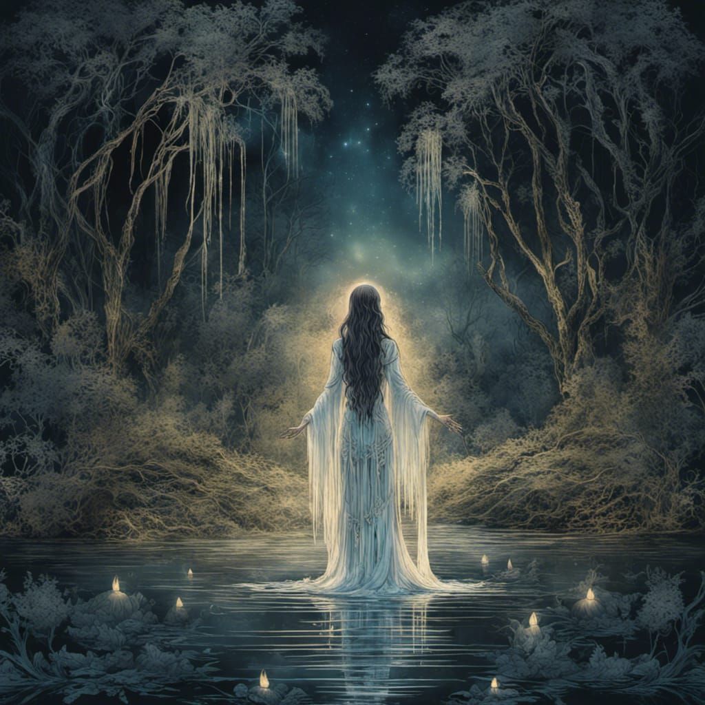 Ethereal La Llorona in Moonlit River Scene