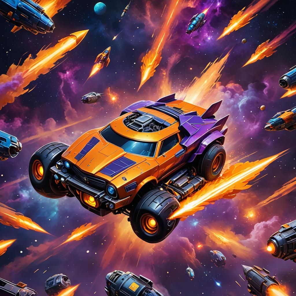 Toy Car Rocket Soaring Through Nebula in Sci-Fi Art