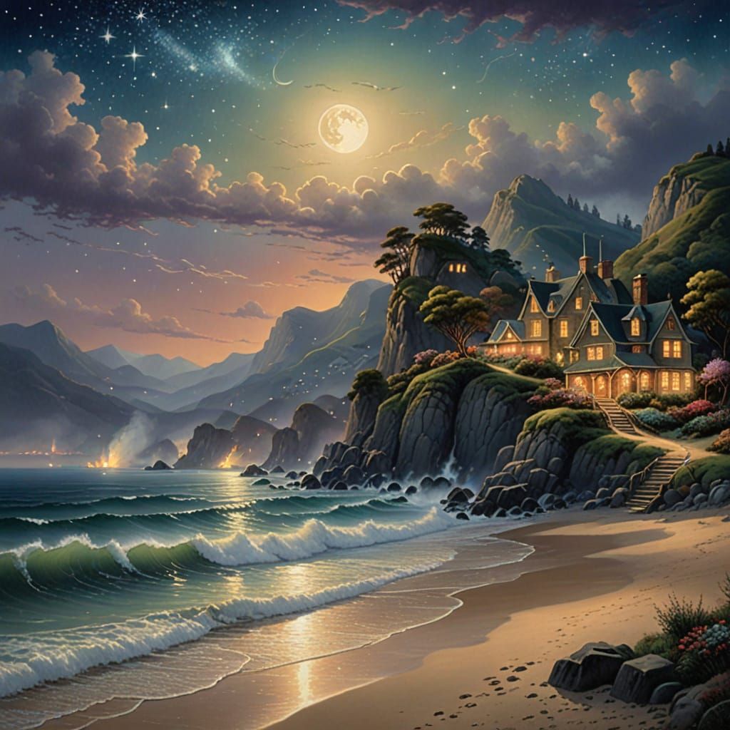 Enchanting Beach at Night, Ethereal Fantasy Art