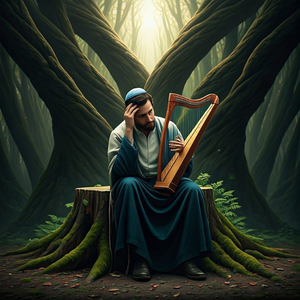 Contemplative Talmudic Scholar Sits on Forest Stump, Surroun...