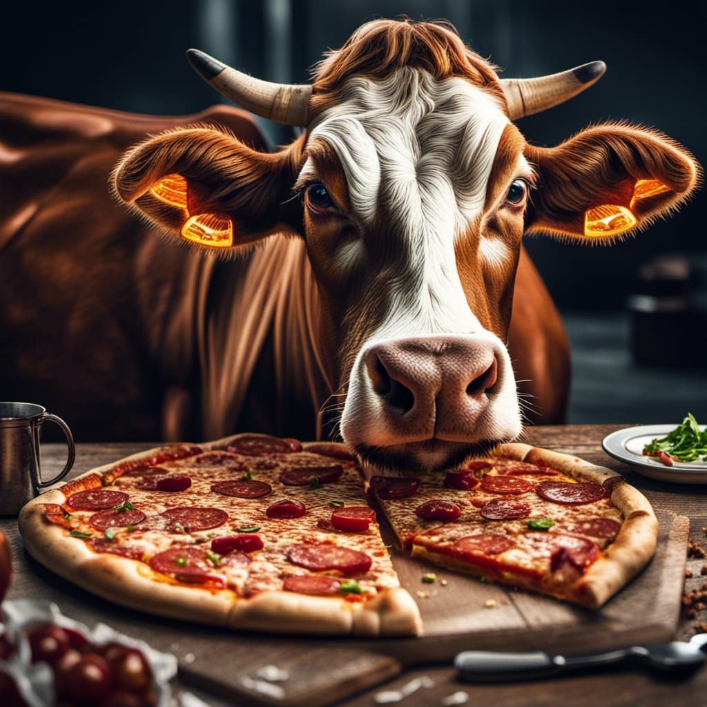 Cow Enjoys Pizza in Hyperrealistic Detail