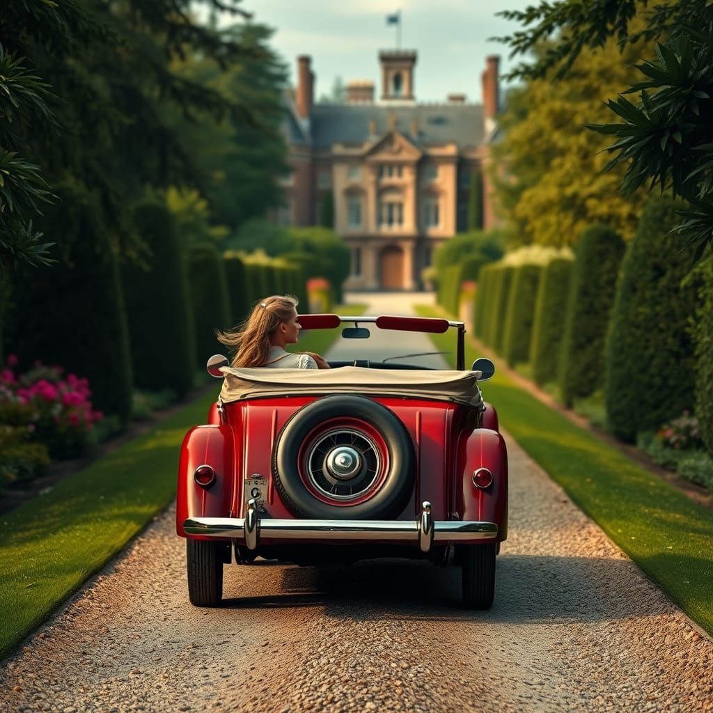 Woman Drives Vintage Car to English Mansion