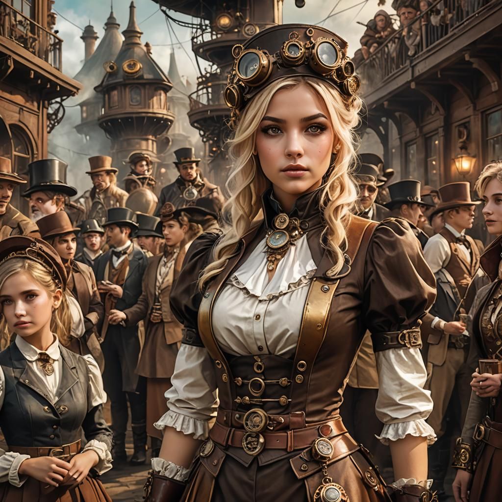 Steampunk Woman in Bronze and White Outfit