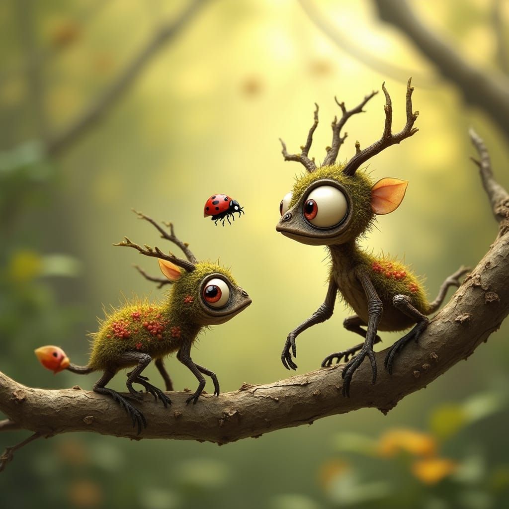 Whimsical Alien Twig Creatures Discover Ladybugs on a Branch