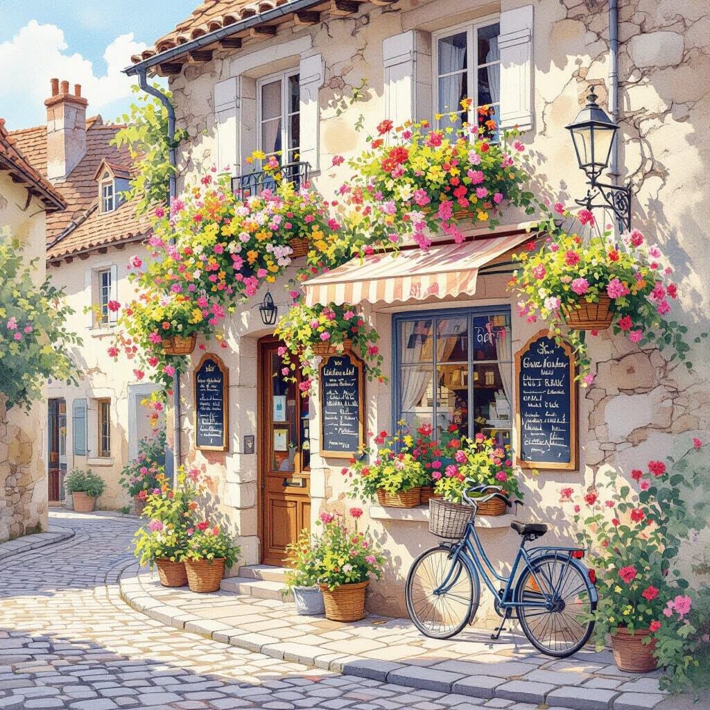 Charming French Village Cafe with Flowers and Bicycle