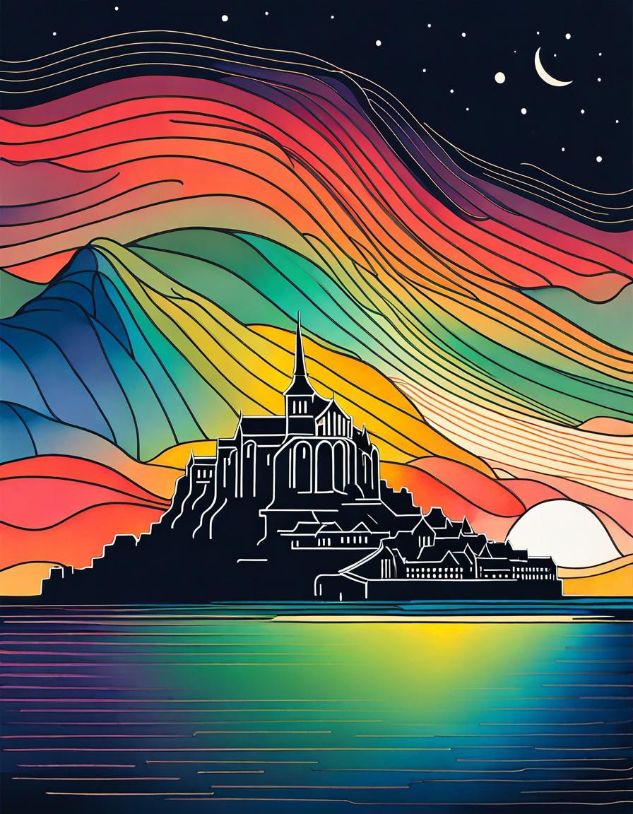 Japandi One Line Art: Mont Saint Michel and Aurora