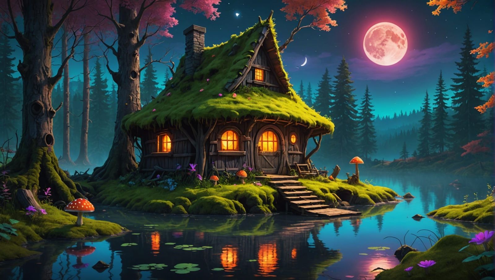 witch's hut under a harvest moon