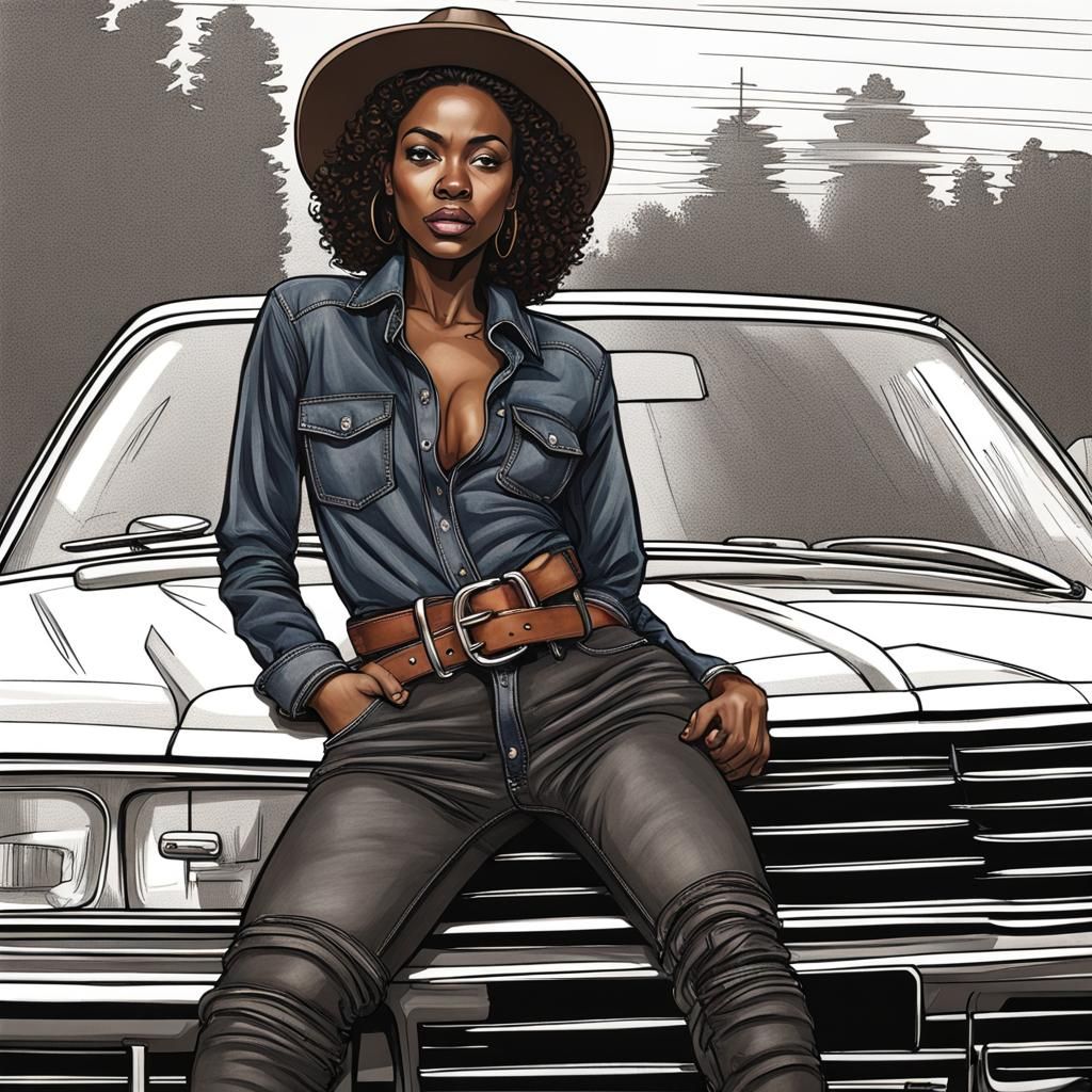 Charcoal Drawing: Woman in Denim Posing in Car