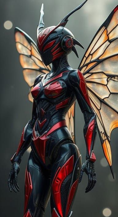 Futuristic Robot with Biomechanical Details and Fairy Wings