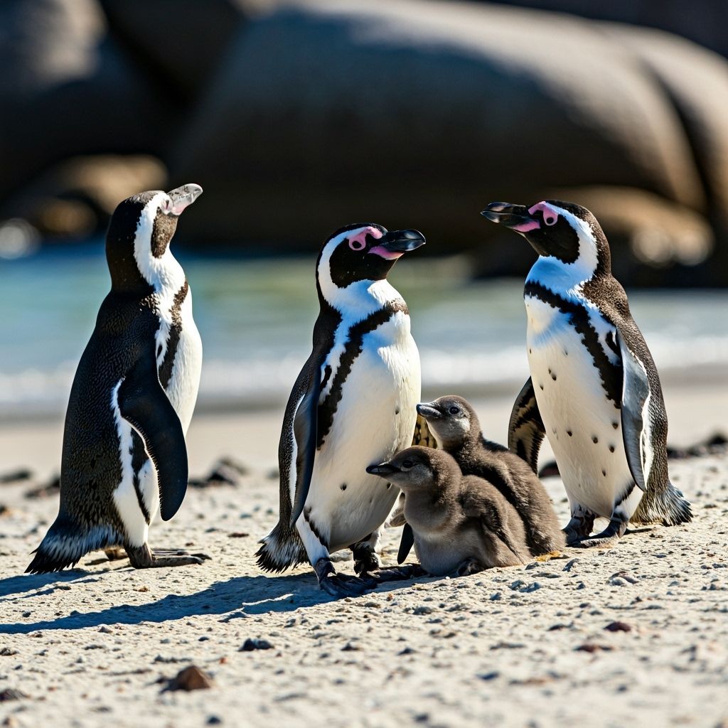Penguins and Chicks on Sunny Beach in Wildlife Art Style