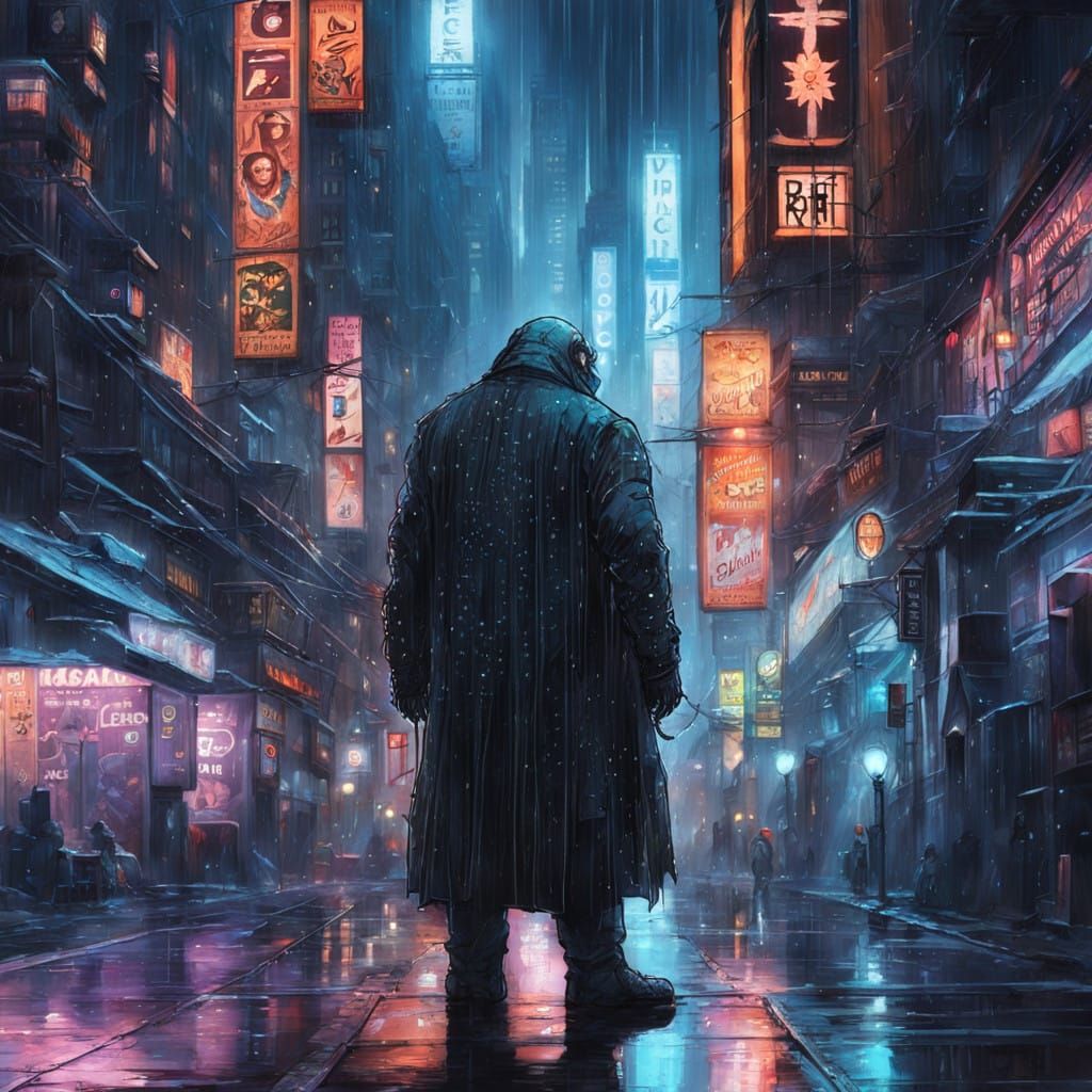 Cybernetic Walrus Navigates Rainy City Streets Under Neon Li...