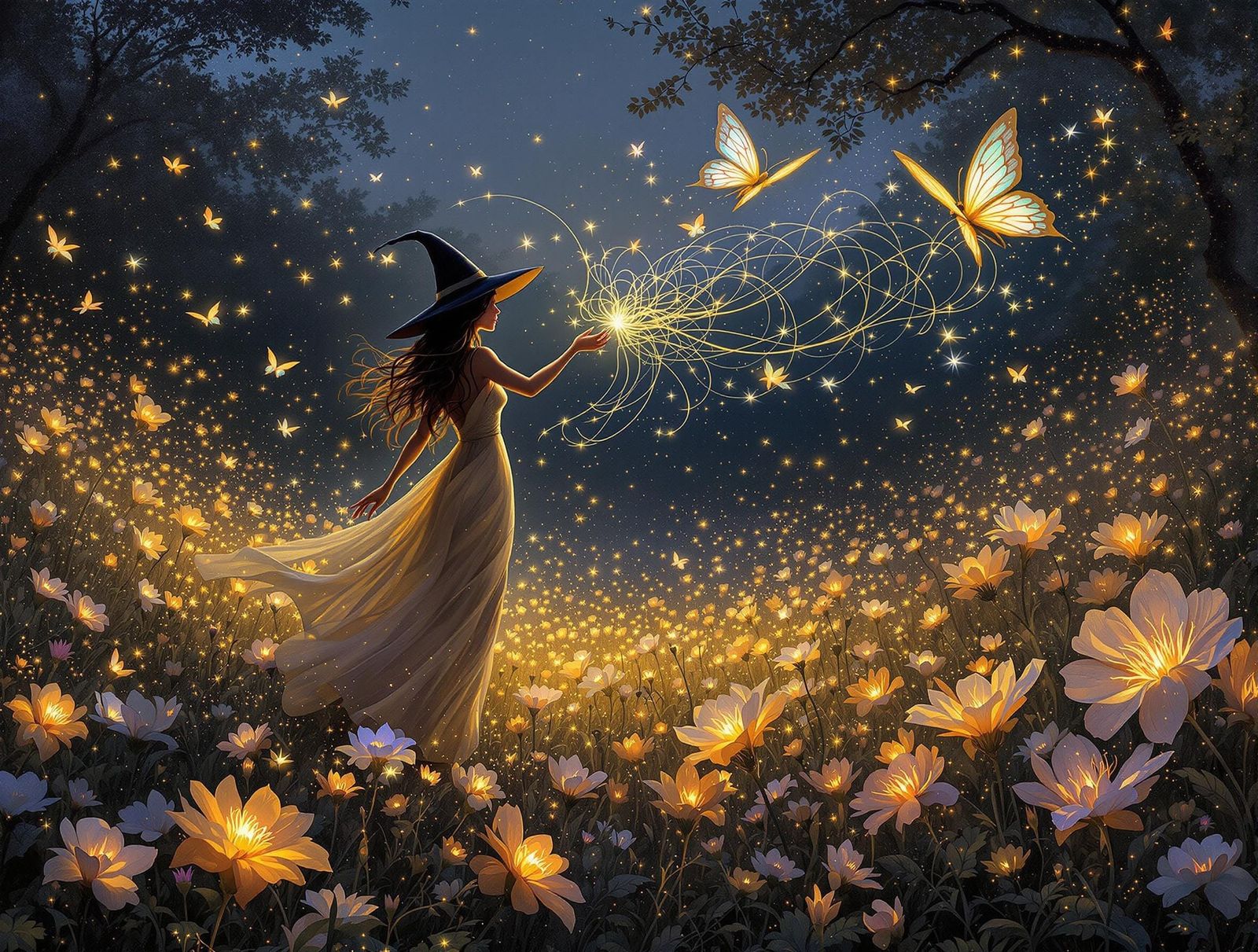 Witch in Luminous Meadow with Butterfly, Art Nouveau