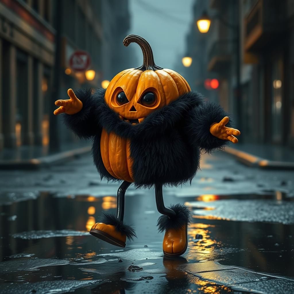 Dancing Pumpkin Character in Dark Street