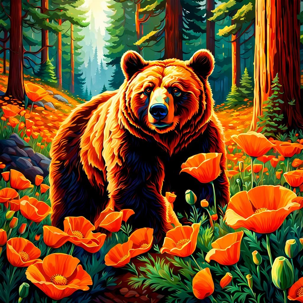 California Poppies and Bears in Sequoia Forest