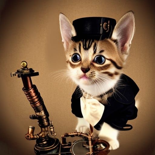 Steampunk Kitten with Steampunk Engine