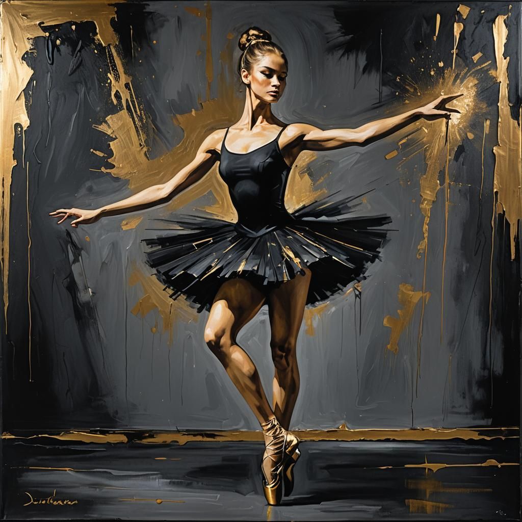 Black Ballerina Painting with Golden Highlights