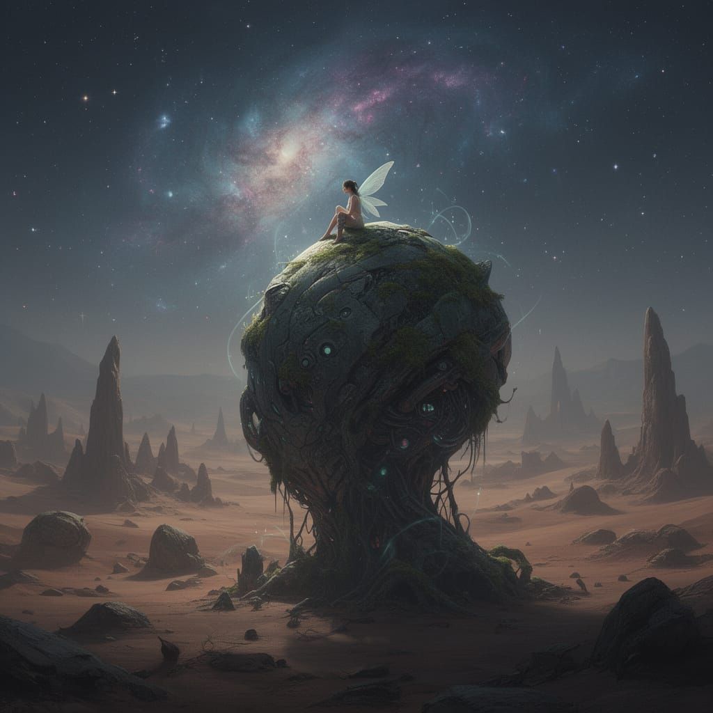 Lone Pixie on Alien Artifact in Cosmic Desert