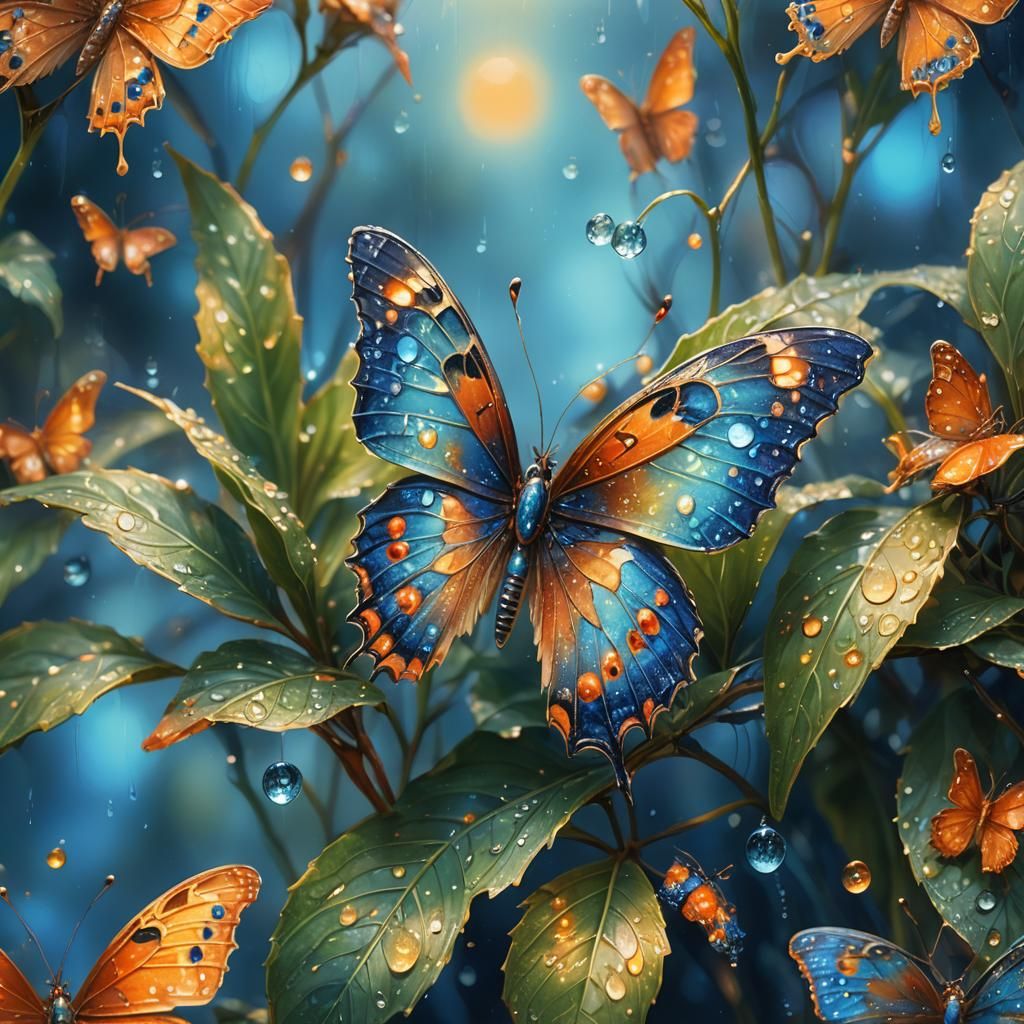 Exotic Butterfly on Dewy Leaf in Surreal Style