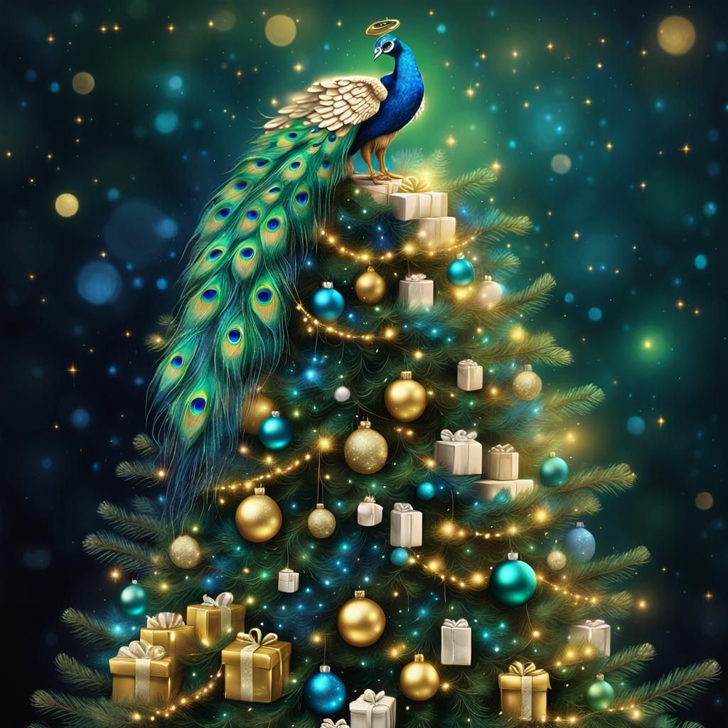 Whimsical Christmas Angel with Peacock Feathers