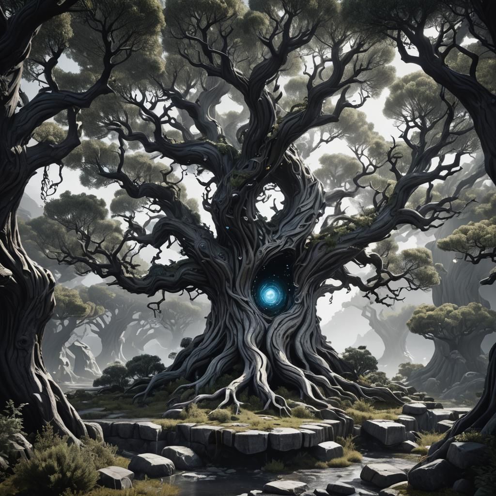 Juniper Tree Spirit with Magical Portals in Black and White