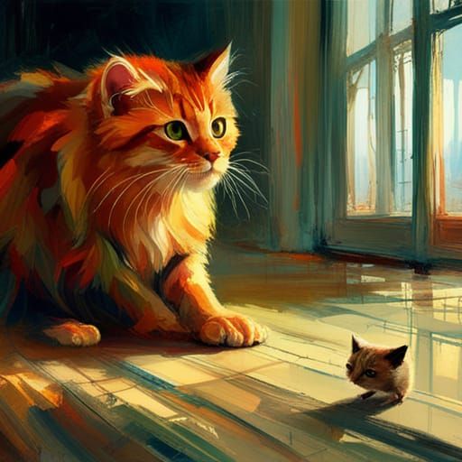 Mummy Cat and Kitten Hunting Mouse, Digital Art