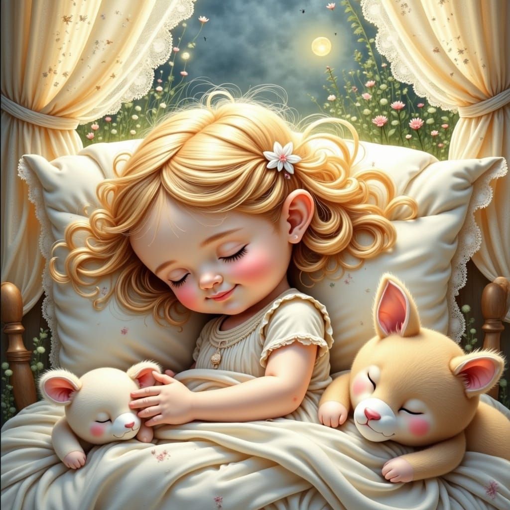 Serene Child Sleeping: Whimsical Watercolor Illustration