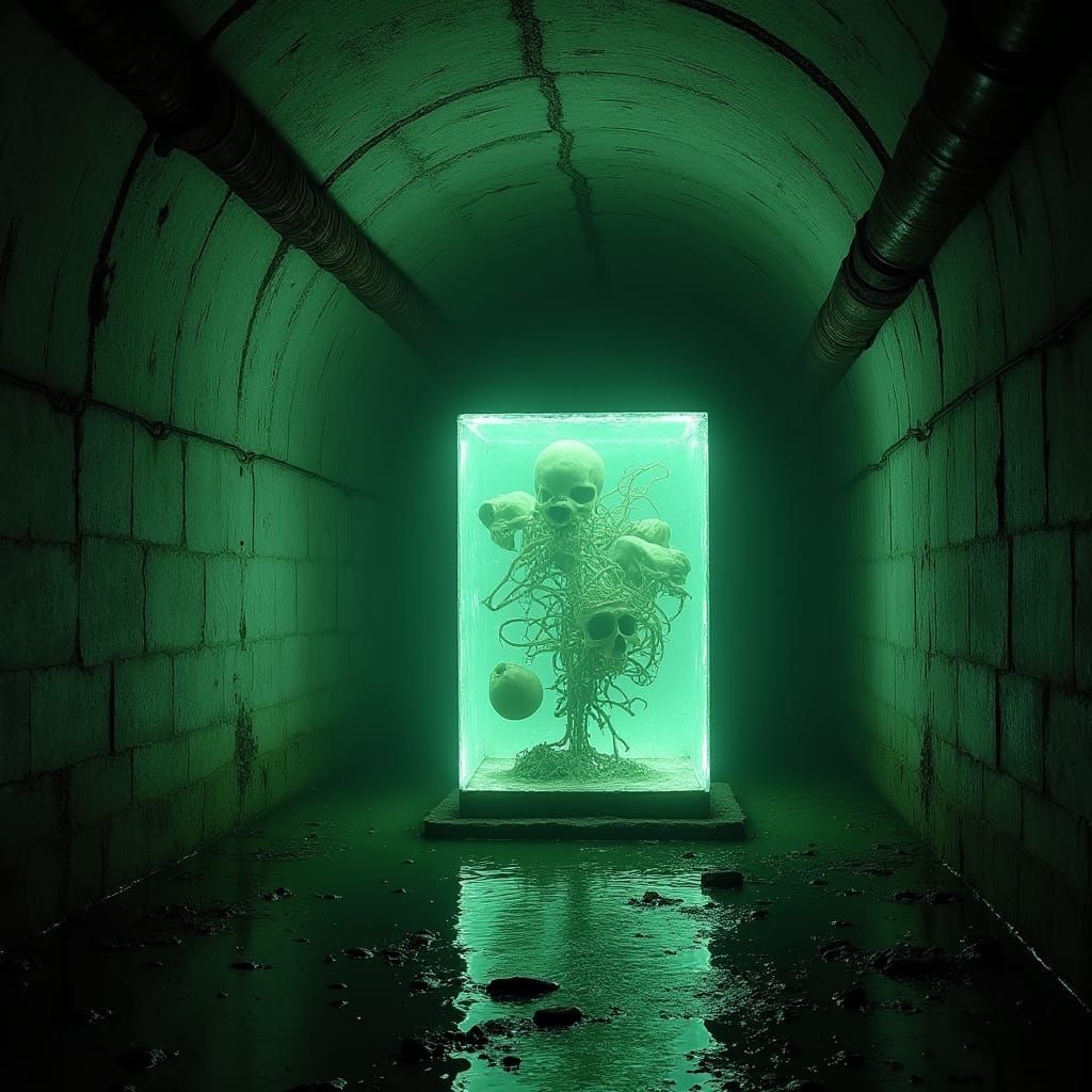 Abandoned Sewer Tunnel with Haunting, Bioluminescent Cube