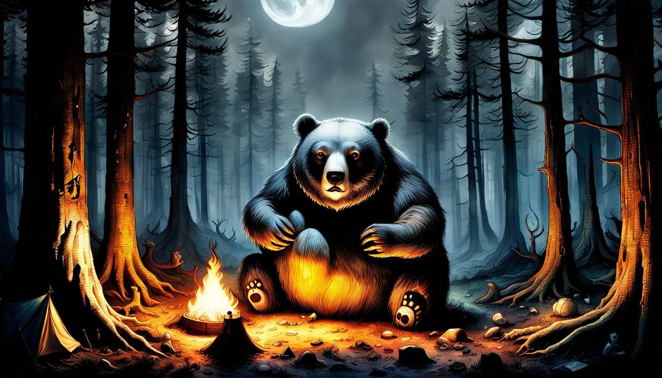 Cyborg Bear Camping: A Surreal Volcanic Portrait
