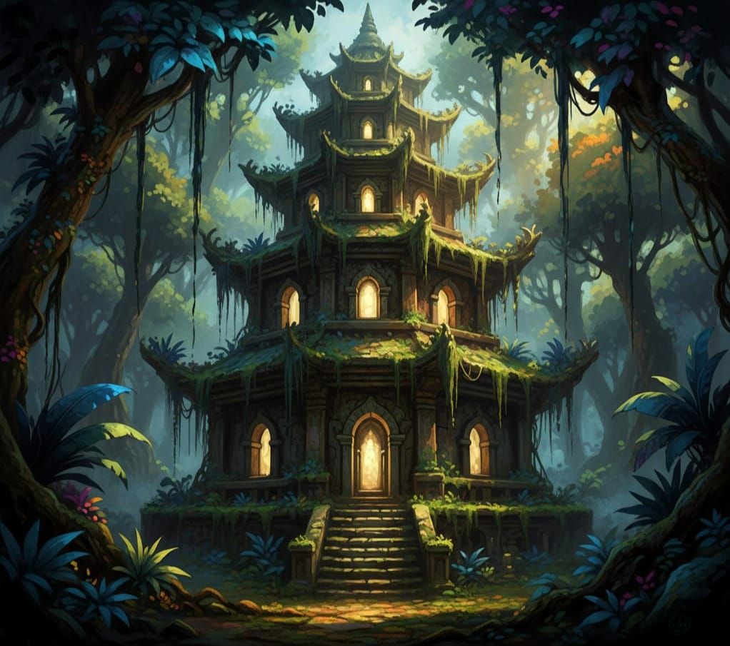 Ancient Glowing Pagoda in Lush Jungle
