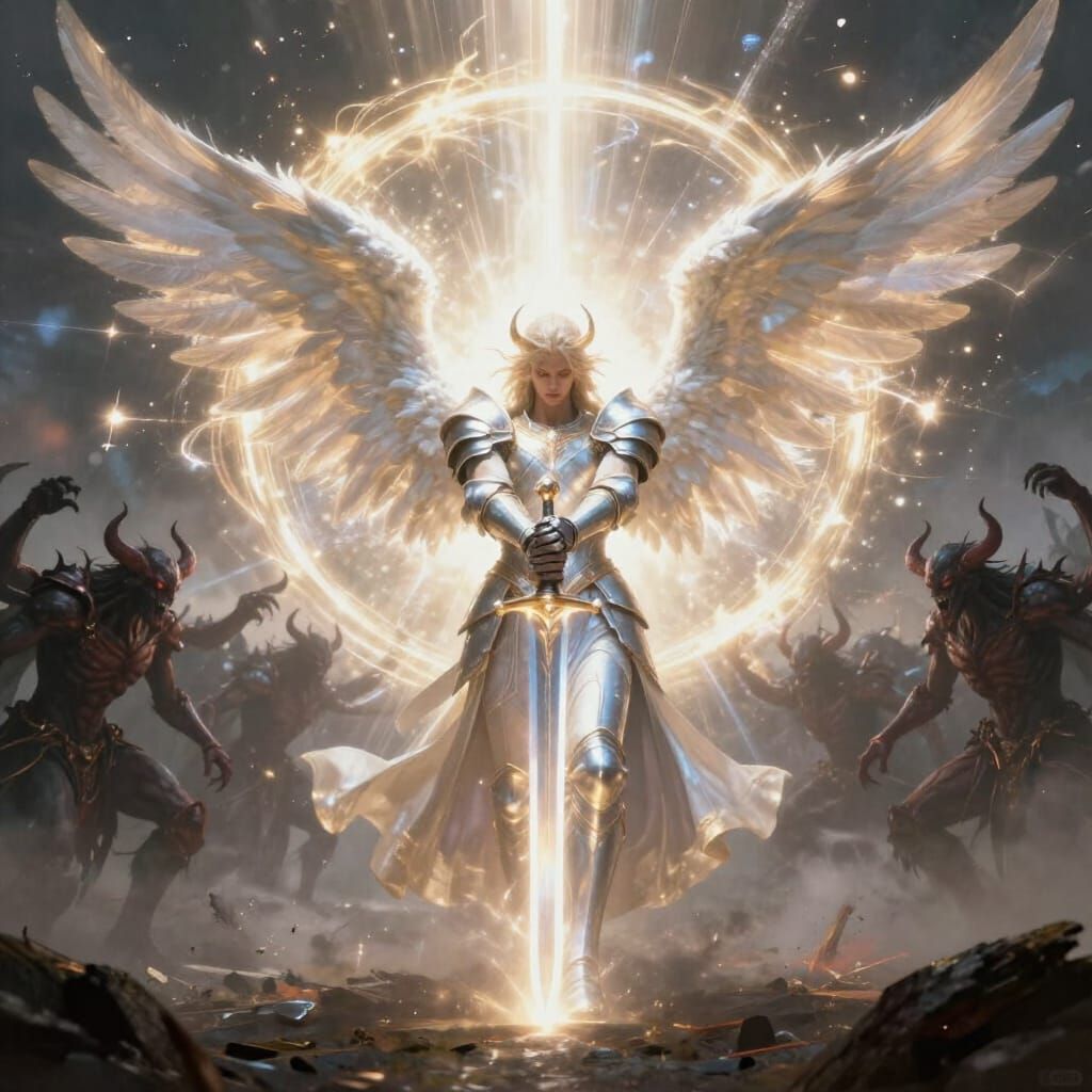 Angel Warrior Unleashes Radiant Energy on Demon Army