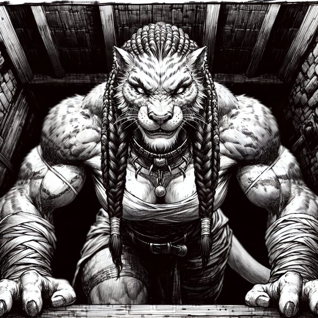 Feral Leonin Woman in Haunting Tavern, Heavily Inked