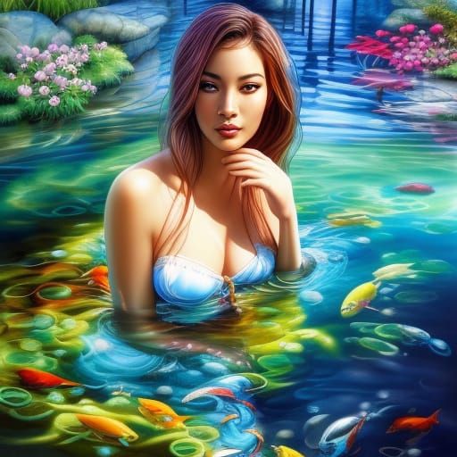 Koi Goddess in Pond: Digital Art Portrait