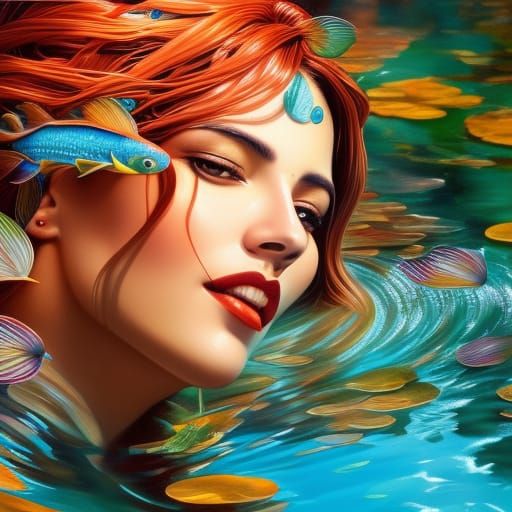 Surreal Koi Pond Goddess Portrait in Digital Art