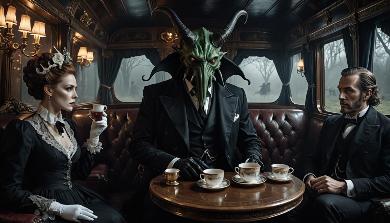 Cthulhu Sipping Tea in Coach, Dark Fantasy Style