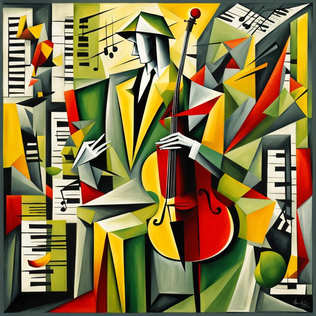 Cubist Art: Music Man in Greenish-Gray and Yellow