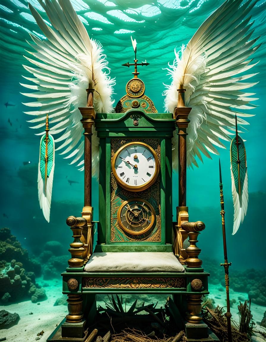 a close up of a clock on the ground, sitting in her throne underwater, feathered arrows, archaeology, from nature journa...