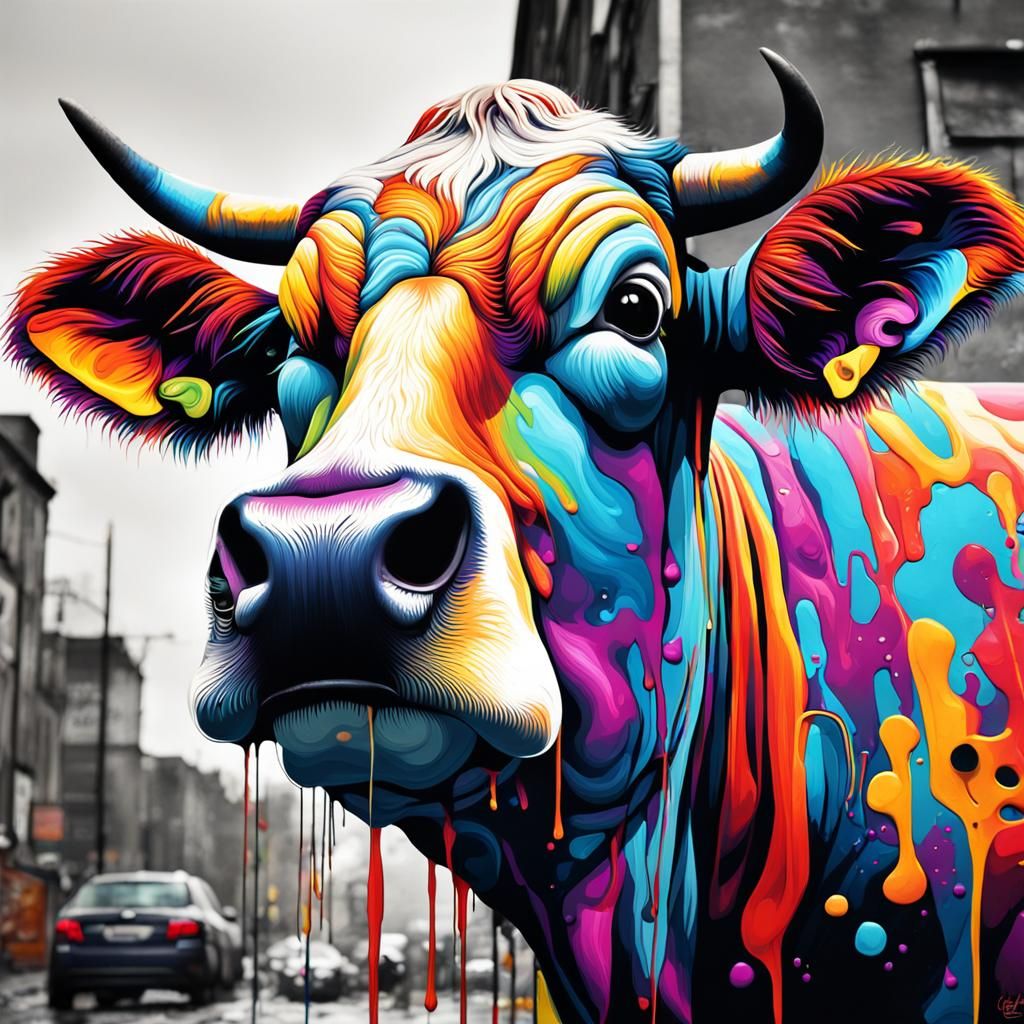 Cow Listening to Music in Graffiti Art Style