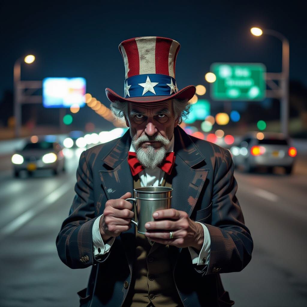 Homeless Uncle Sam Begs for Change on Busy Freeway Offramp