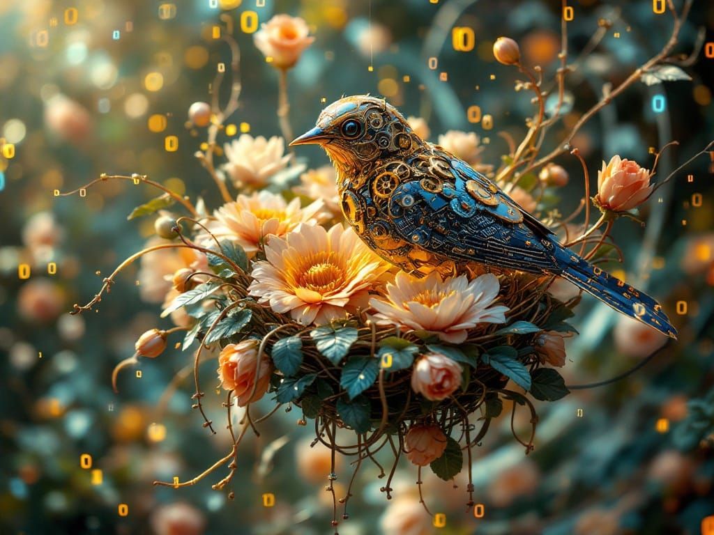 Clockwork Aviatrix in a Digital Floral Abyss
